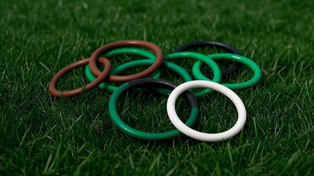 1綠色的棕色的白色的黑色的O型密封圈，比例 16_9__，背景為草地